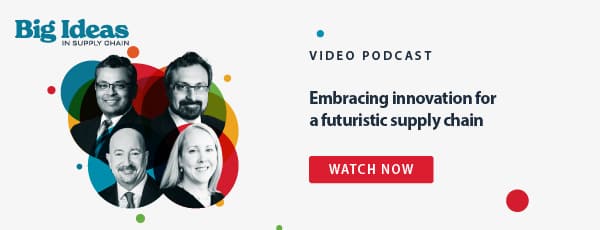 Big Ideas in Supply Chain graphic with red, green, blue and yellow circle designs and black and white headshots of four podcast presenters with text reading: "Video podcast: Embracing innovation for a futuristic supply chain" followed by red button hyperlink reading "Watch now."